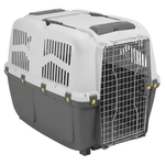 Pet carrier with a gray and white color scheme on a white background