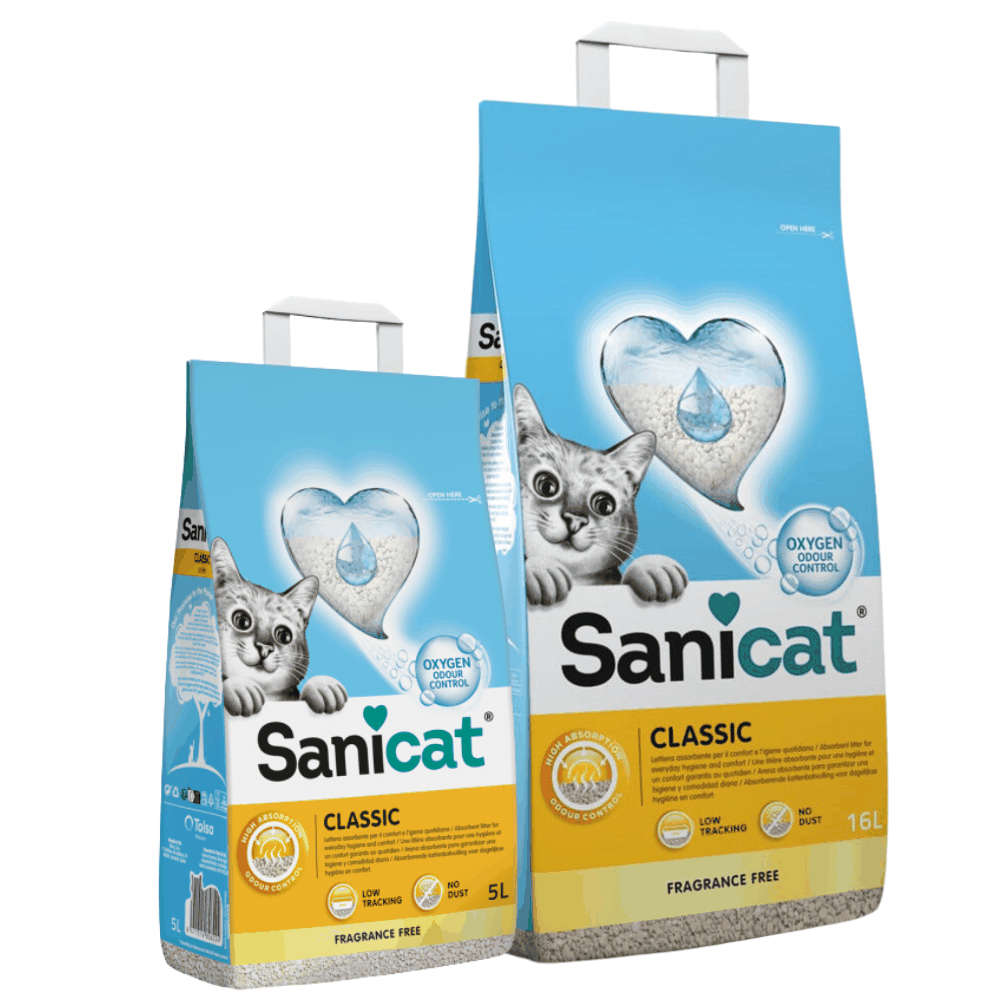 Two packages of Sanicat cat litter on a white background