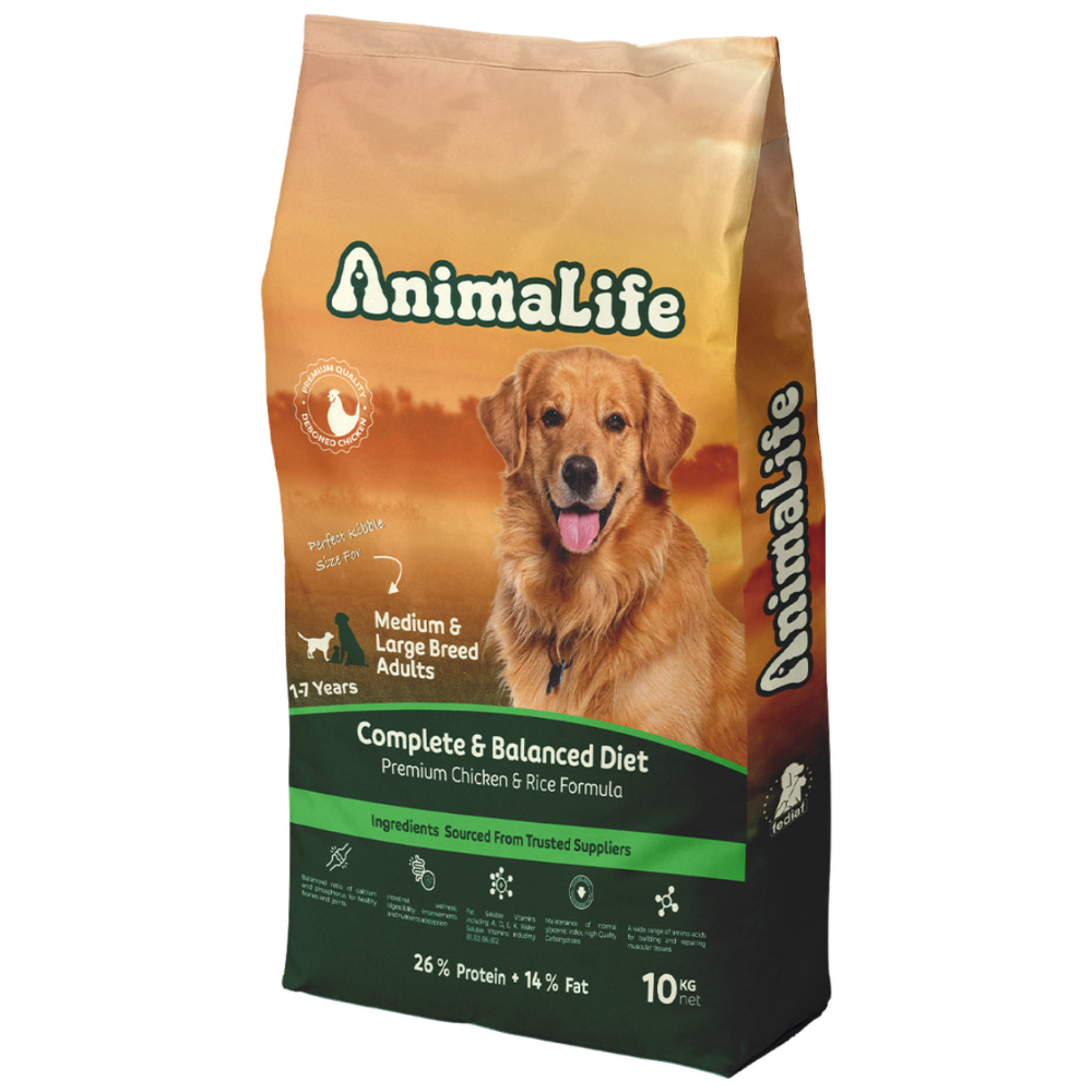 Bag of Animalife dog food for medium and large breed adults on a white background