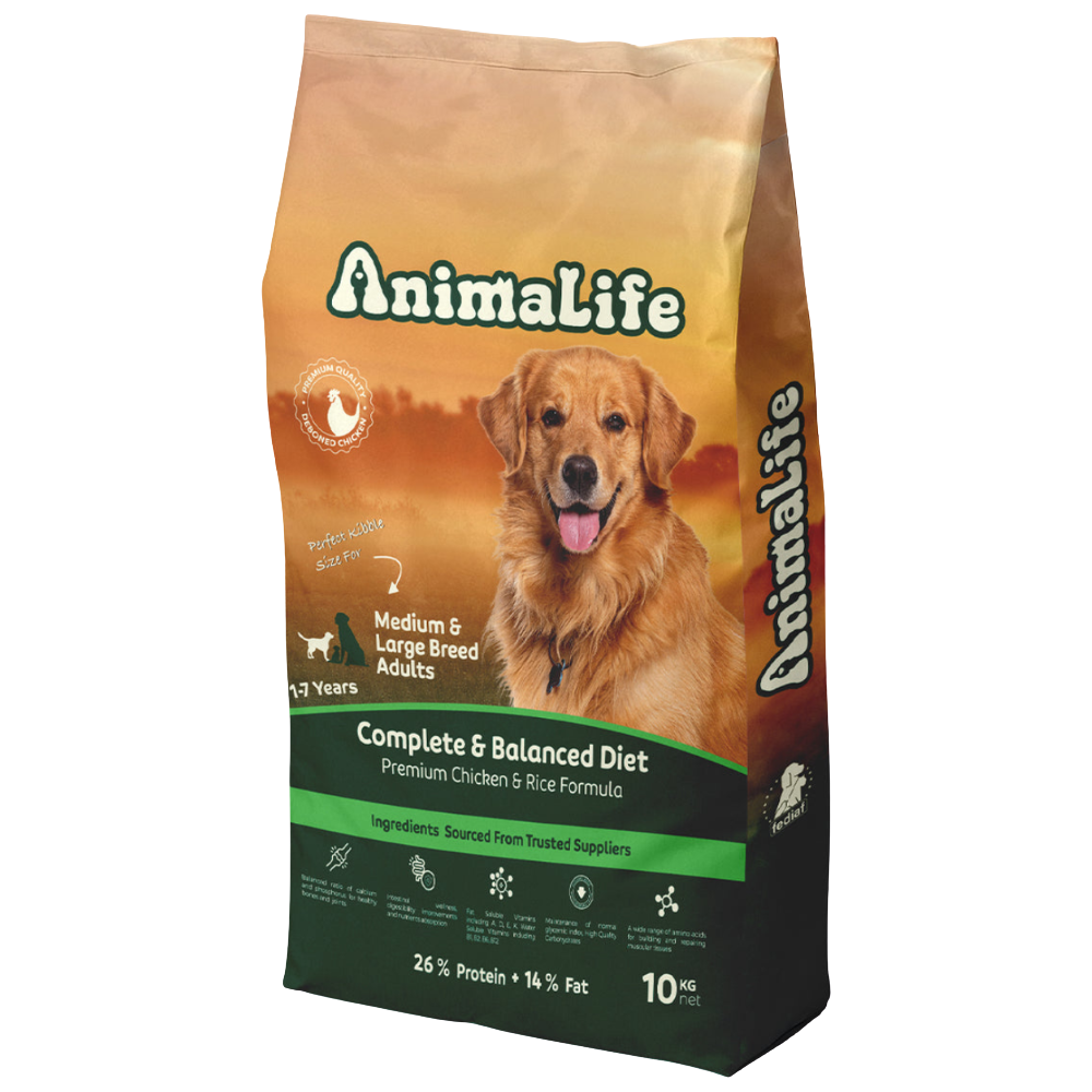 Bag of Animalife dog food for medium and large breed adults on a white background
