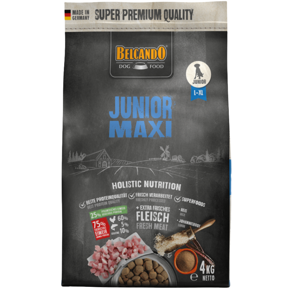 Package of Belcando Junior Maxi dog food on a white background