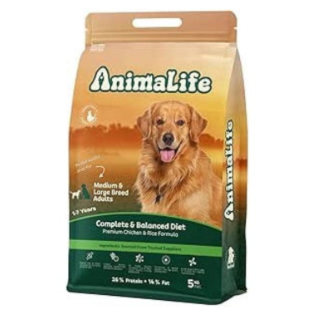 Bag of Animalife dog food with a golden retriever on the label against a white background
