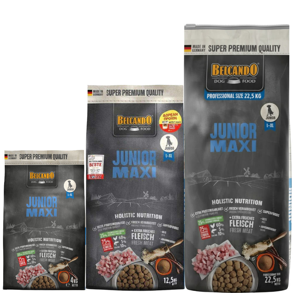 Three packages of Belcando Junior Maxi dog food on a white background