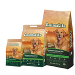 Three packages of Animalife dog food with a golden retriever on the packaging.