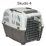 Pet carrier with 'Skudo 4' branding on a white background