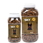 Two jars of SKY Adult Dog dry food on a white background