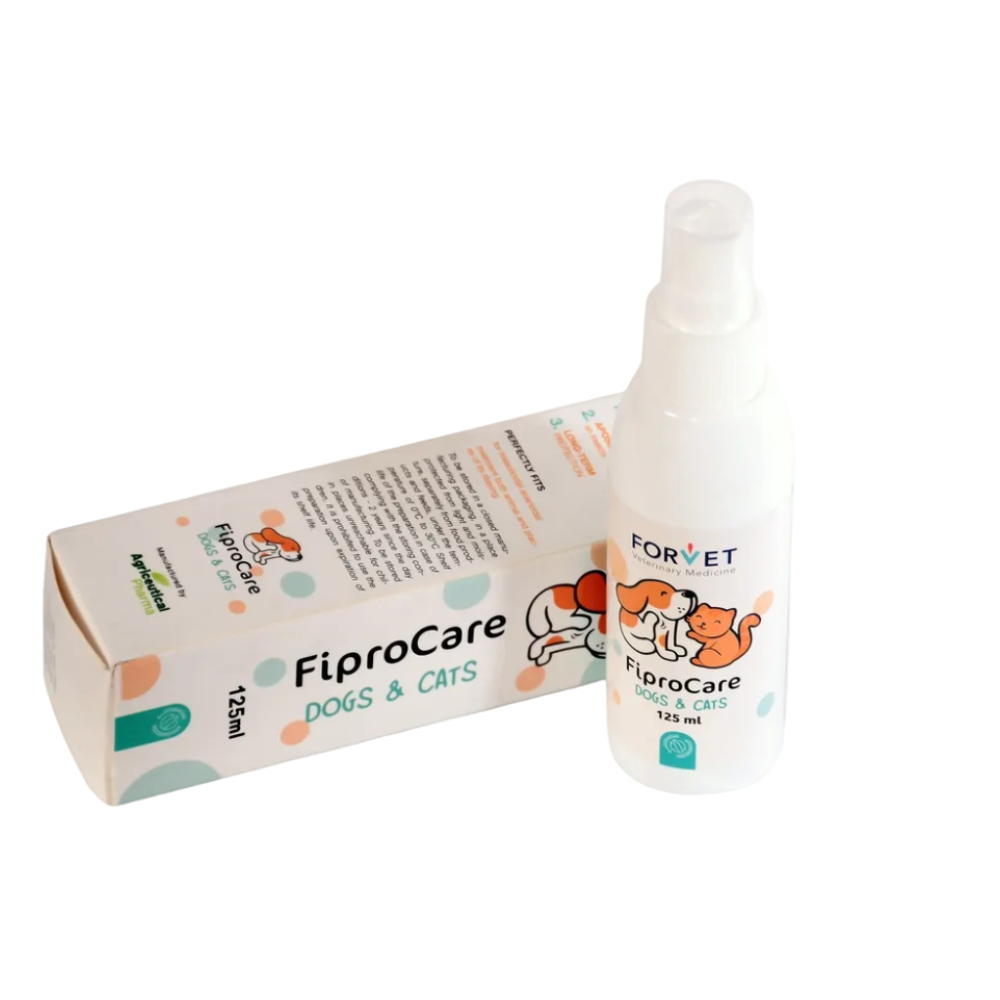 FiproCare for dogs and cats packaging and bottle on a white background