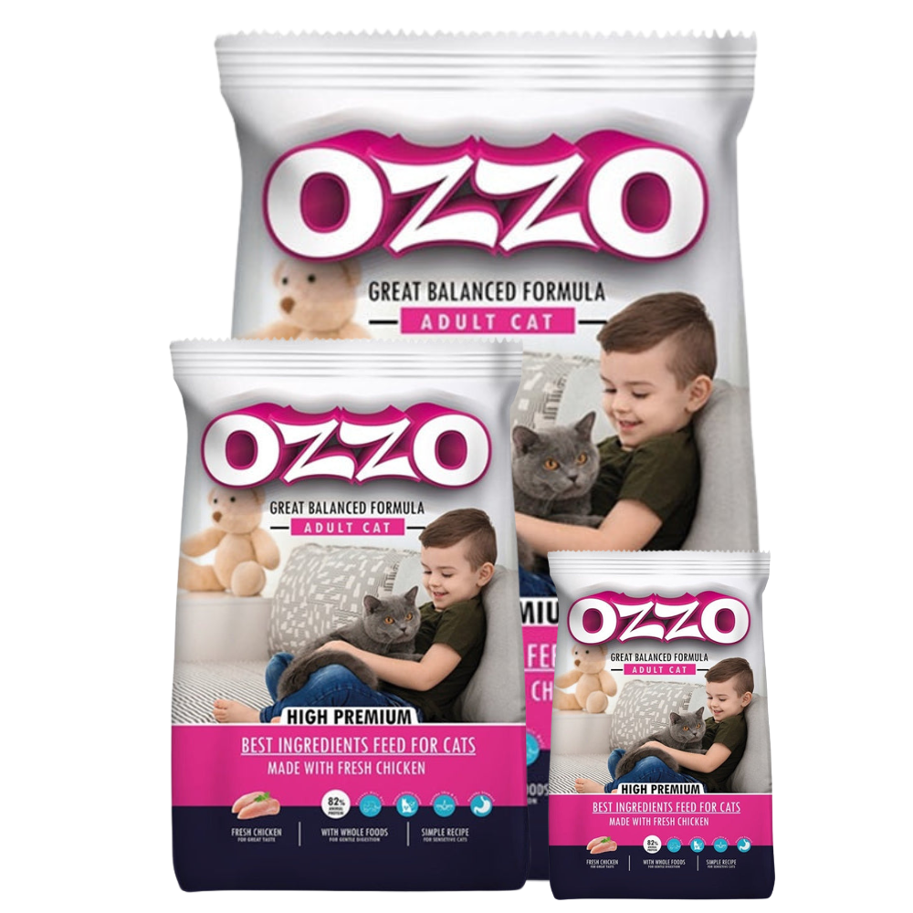 Three packages of OZZO cat food with images of children and cats on a white background