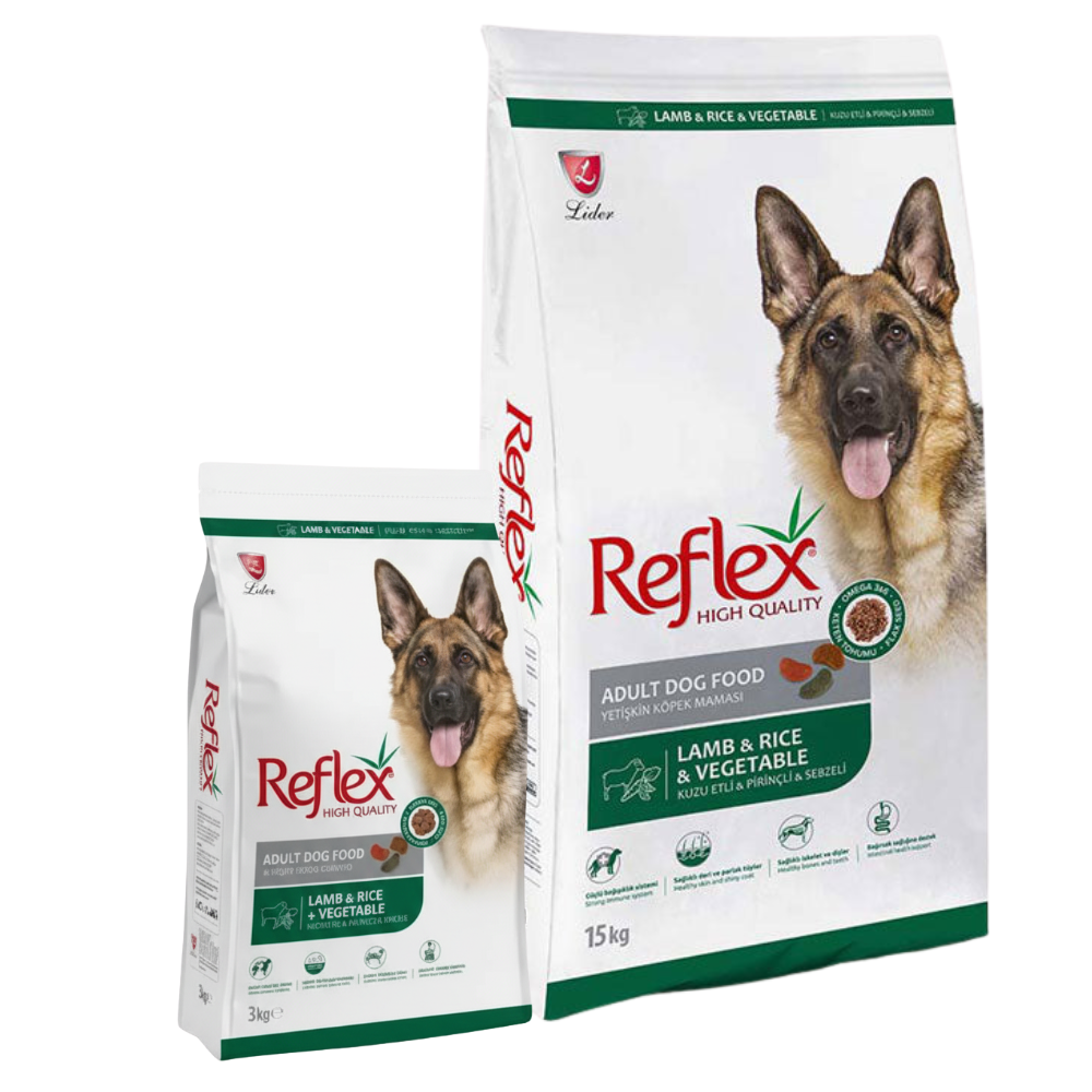 Two packages of Reflex High Quality Adult Dog Food with a German Shepherd on the packaging.