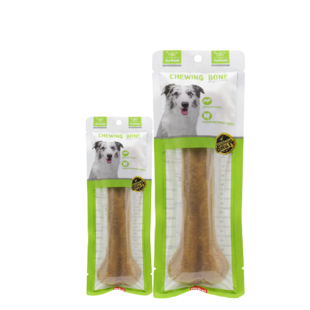 Two packages of dog chew toys with packaging featuring a dog image and text.