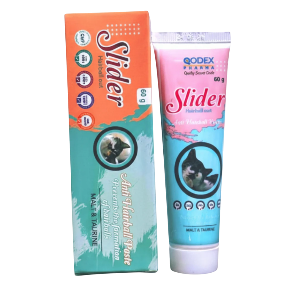 Slider pet hairball paste packaging with tube and box on a white background