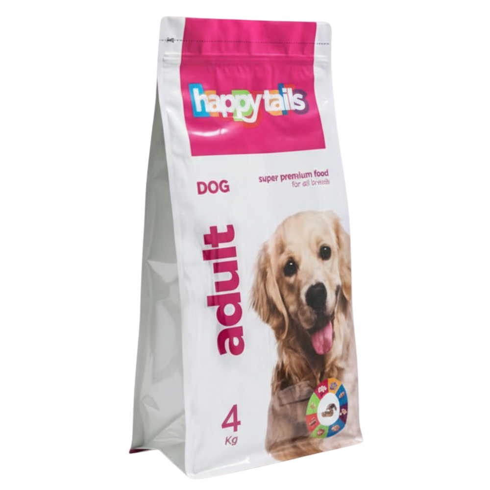 Happytails dog food package with a dog on the label