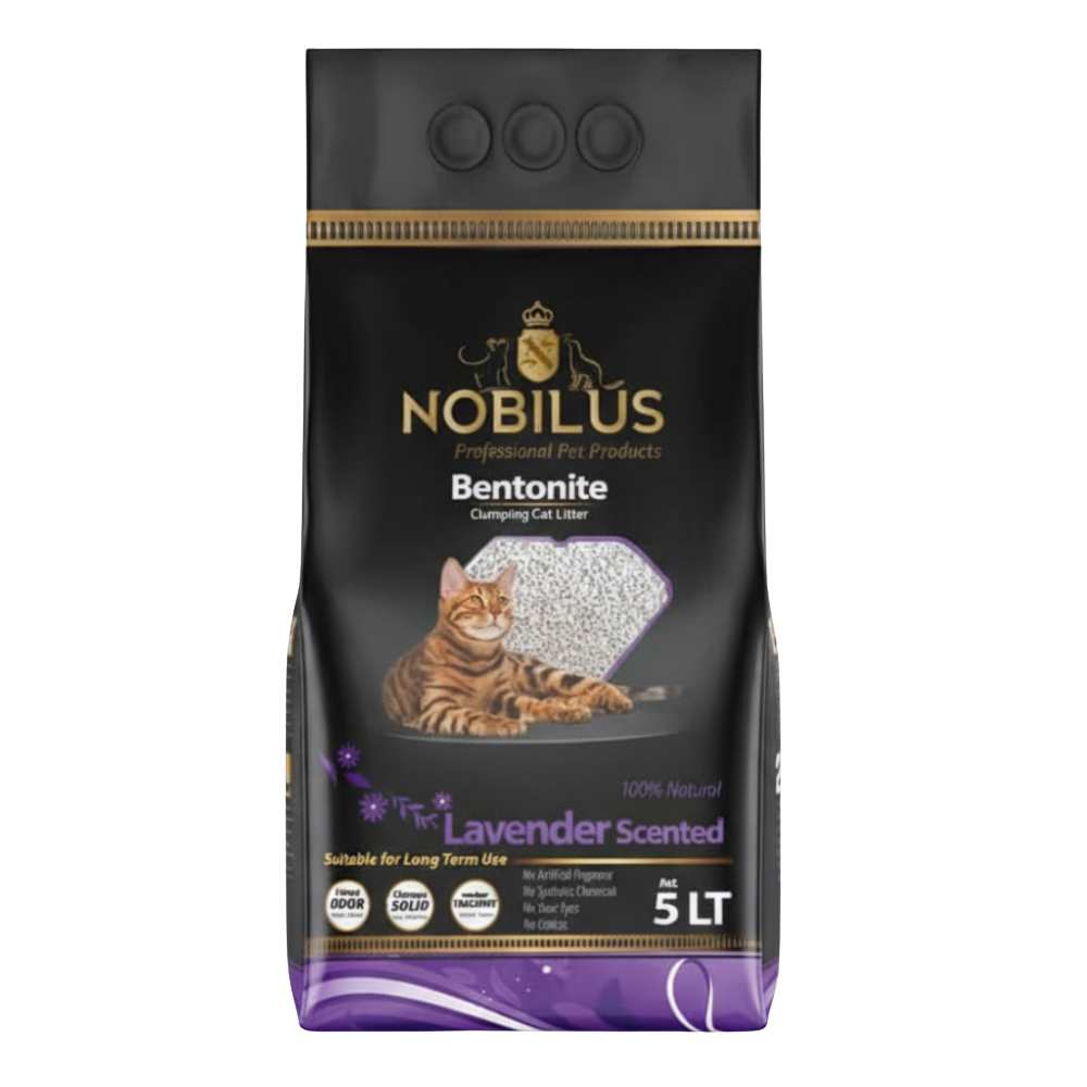 Nobilus Bentonite cat litter packaging with a cat illustration on a white background
