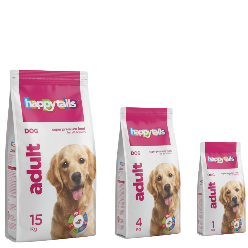 Three packages of Happy Tails dog food with different sizes on a white background