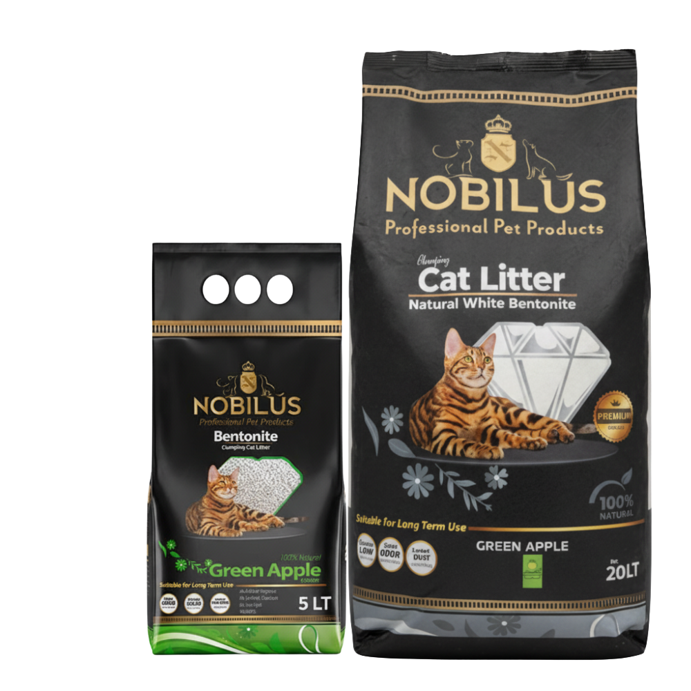 Two packages of Nobilus cat litter on a white background