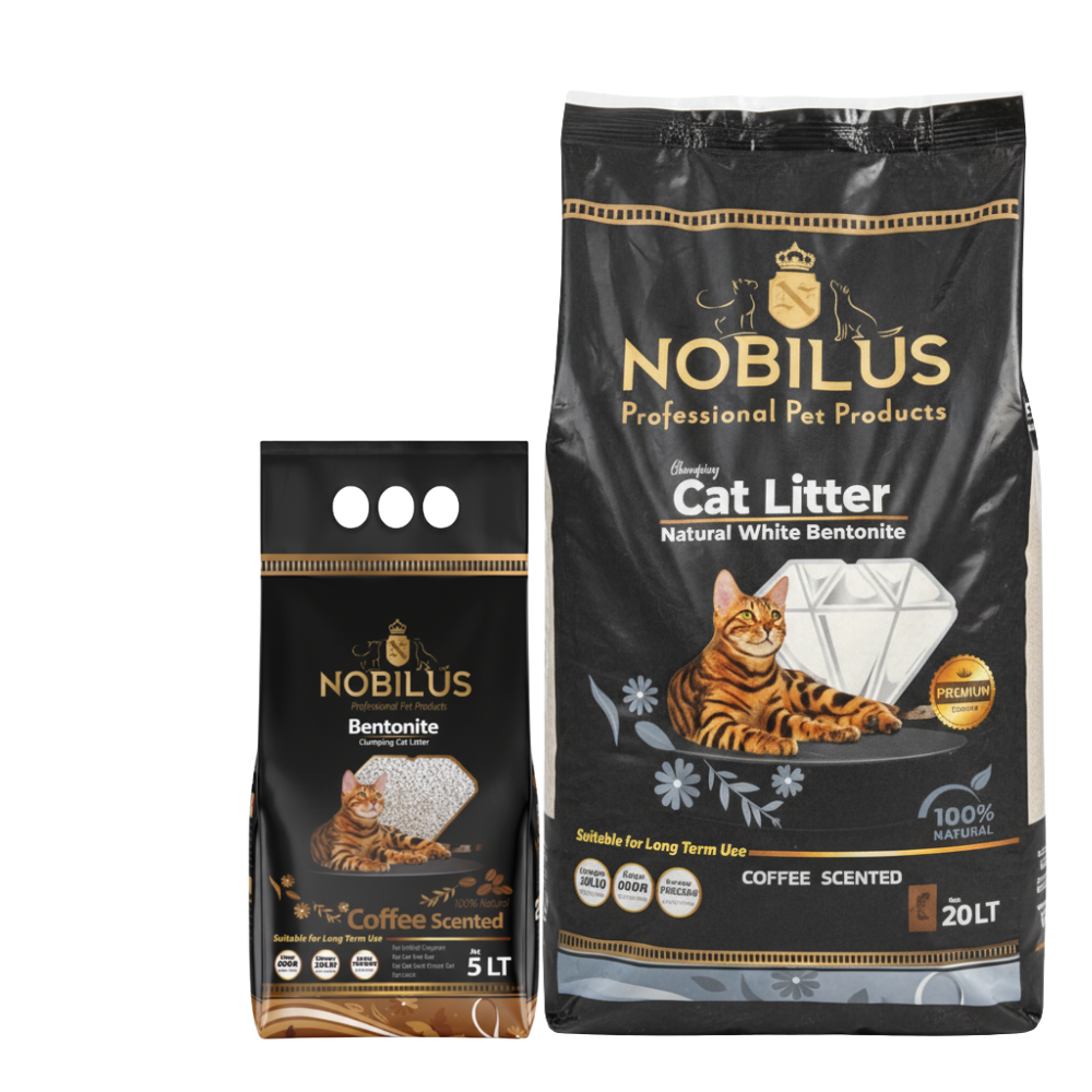 Nobilus cat litter packaging with a black background