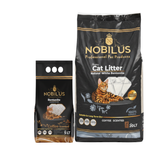 Nobilus cat litter packaging with a black background
