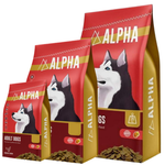 Alpha dog food packages with husky images on a white background