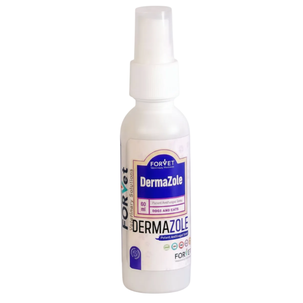 Bottle of DermaZole spray for pets on a white background