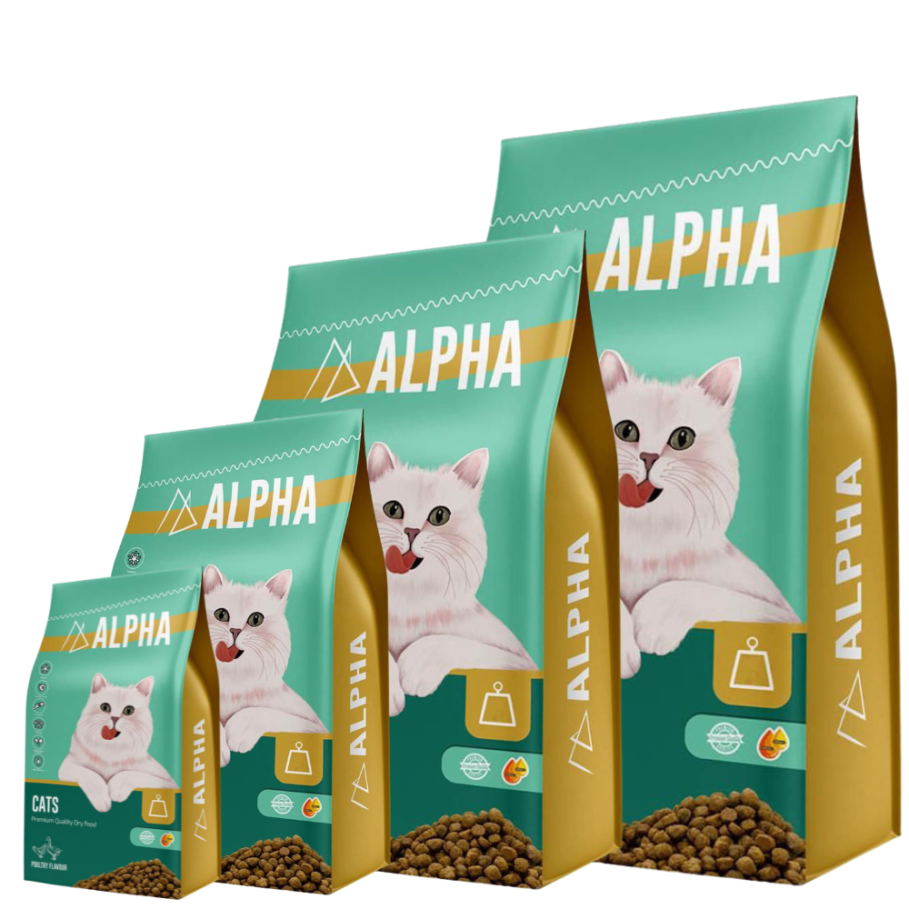 Alpha cat food packages with a white cat illustration on a white background
