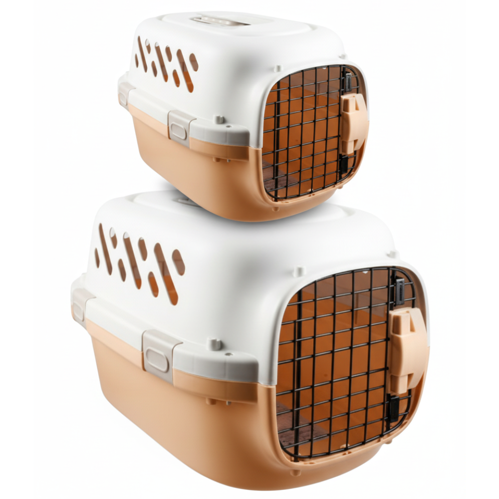 Pet carrier with a white top and brown sides on a white background