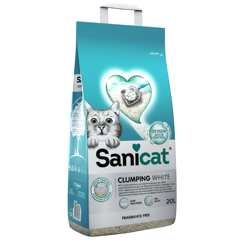 Sanicat clumping white cat litter bag on a white background