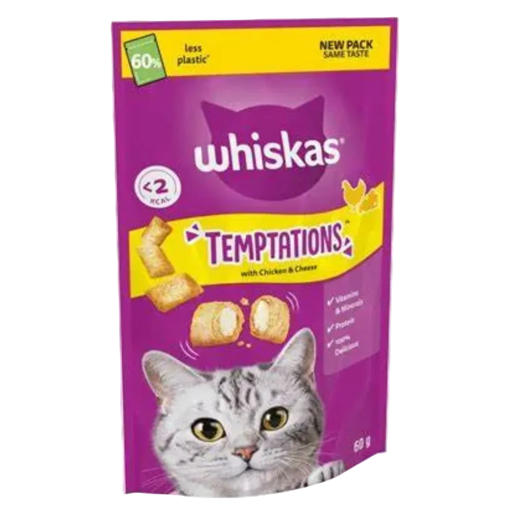 Whiskas Temptations cat treat package with a purple background and cat face on a white background