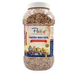 Jar of Pablo Family Seed Mix bird food on a white background