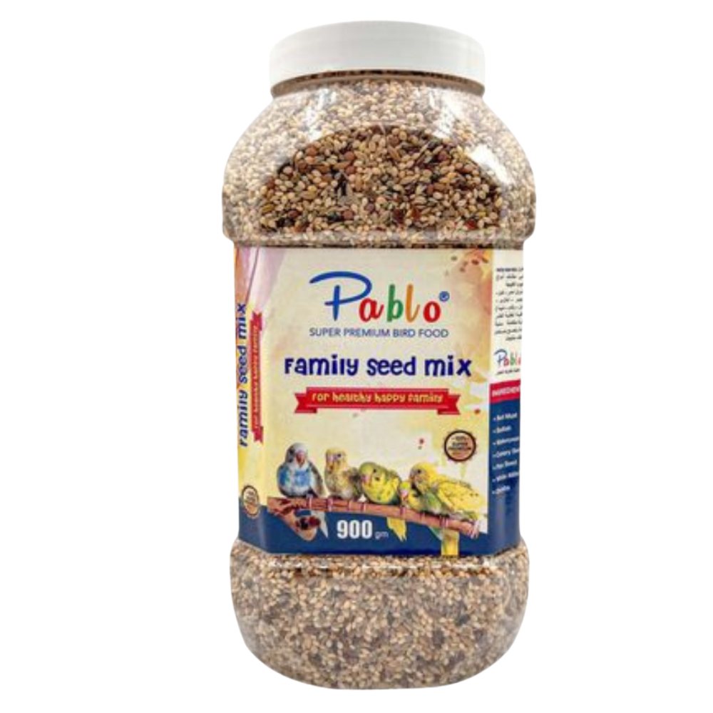 Jar of Pablo Family Seed Mix bird food on a white background