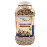 Jar of Pablo Family Seed Mix bird food on a white background