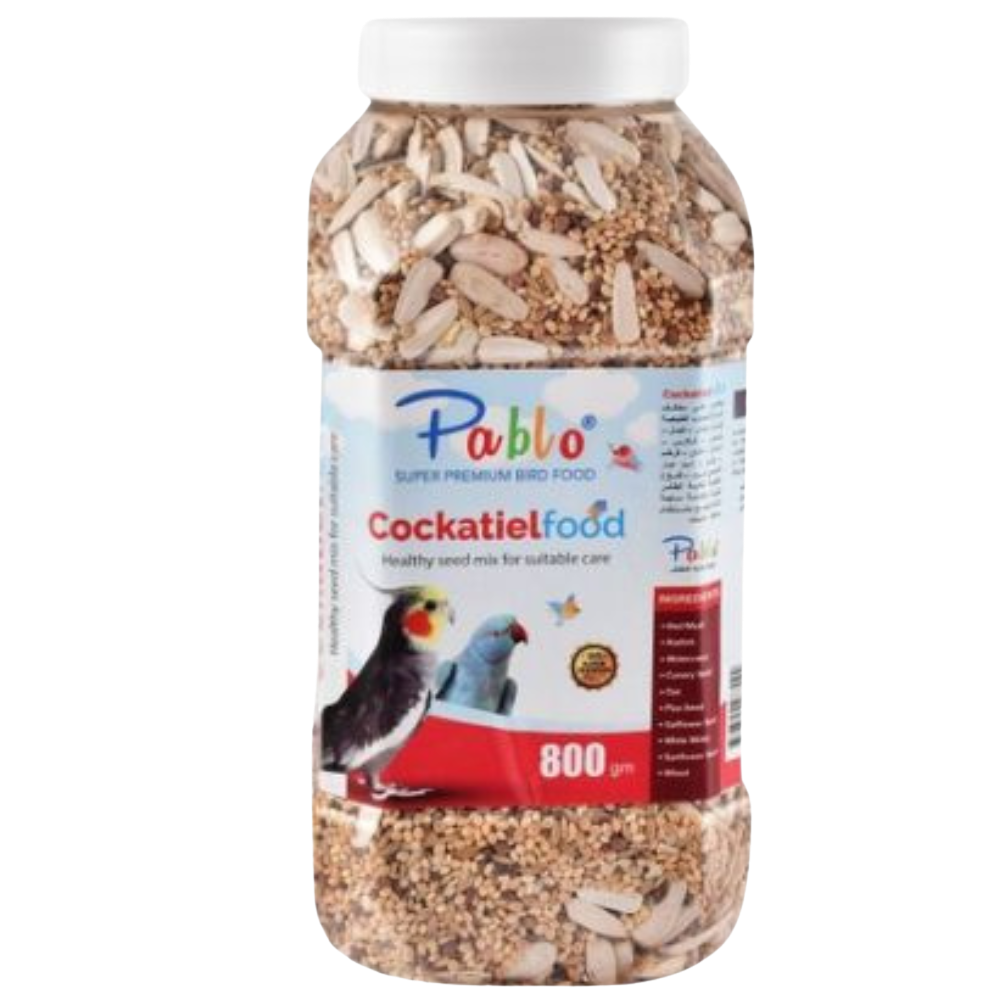 Jar of Pablo Cockatiel food on a white background