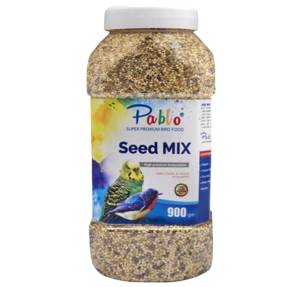 Jar of Pablo Seed Mix bird food on a white background