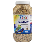 Jar of Pablo Seed Mix bird food on a white background