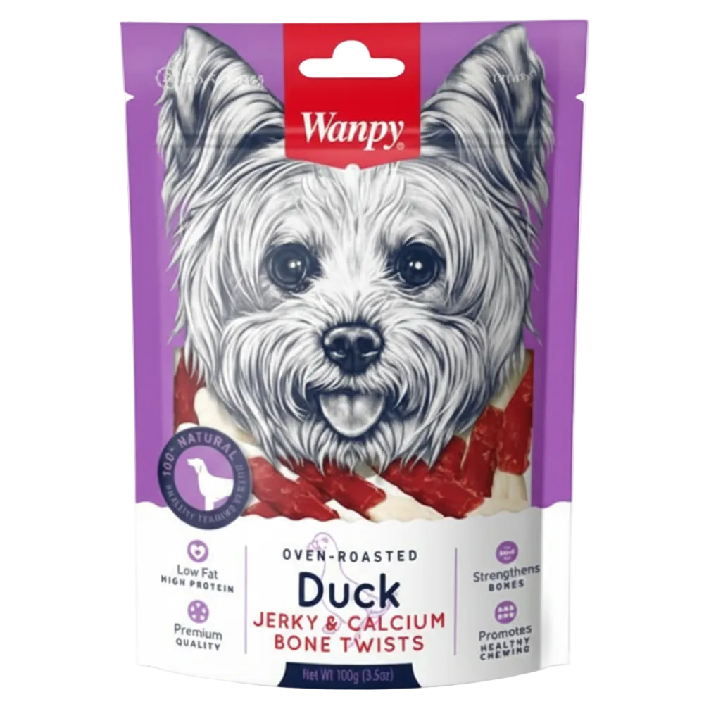 Wanpy oven-roasted duck jerky and calcium bone twists packaging with a dog illustration on a white background