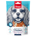 Wanpy dog treat package with a dog eating chicken jerky on a white background