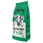 Green bag of Pookey Dog Food Adult on a white background