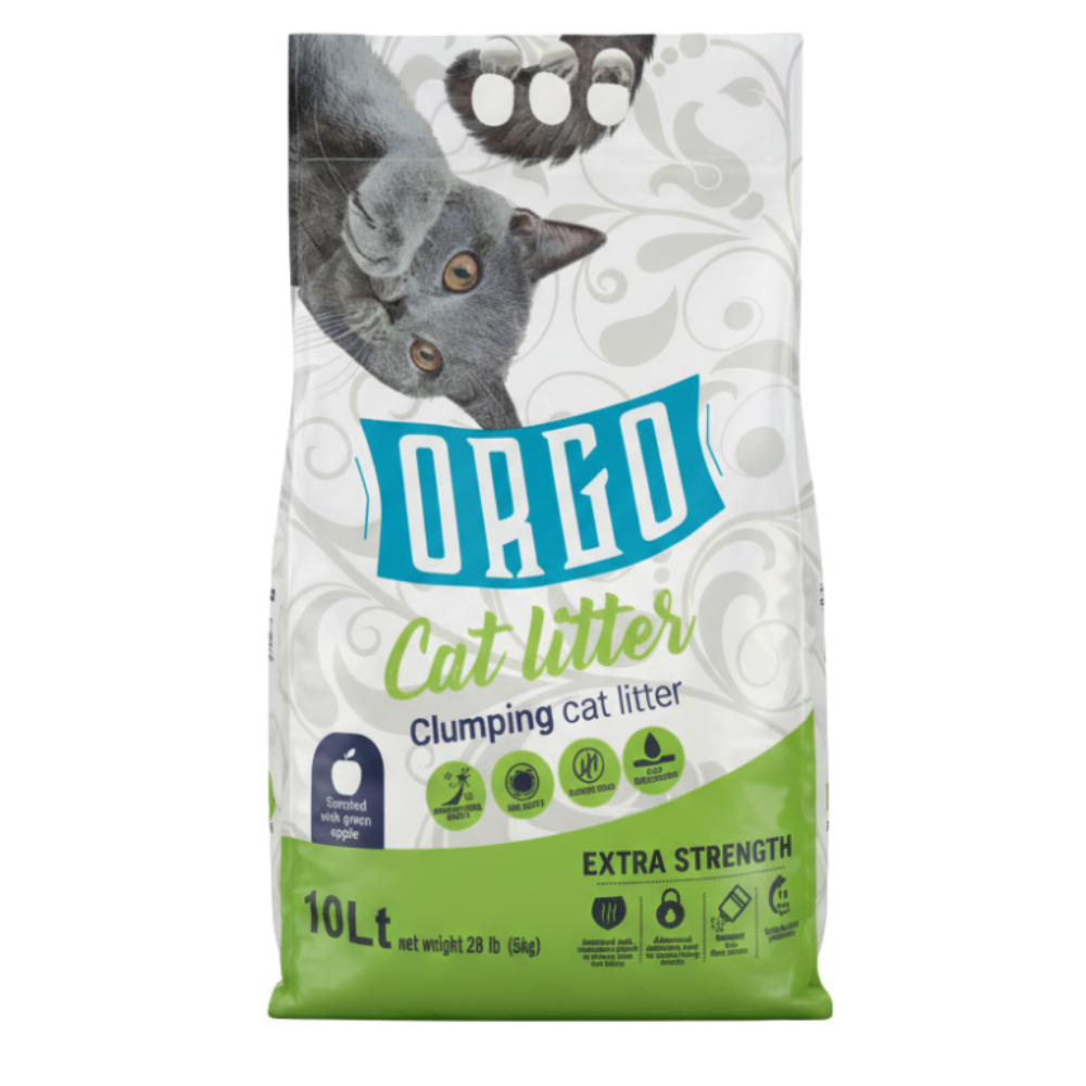 Bag of Orijen cat litter with a cat on the packaging on a white background