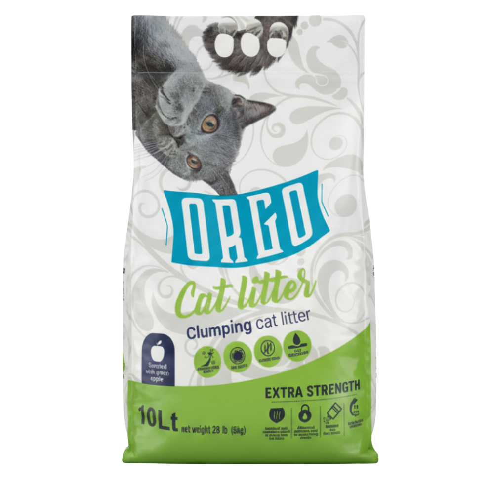 Bag of Orijen cat litter with a cat on the packaging on a white background