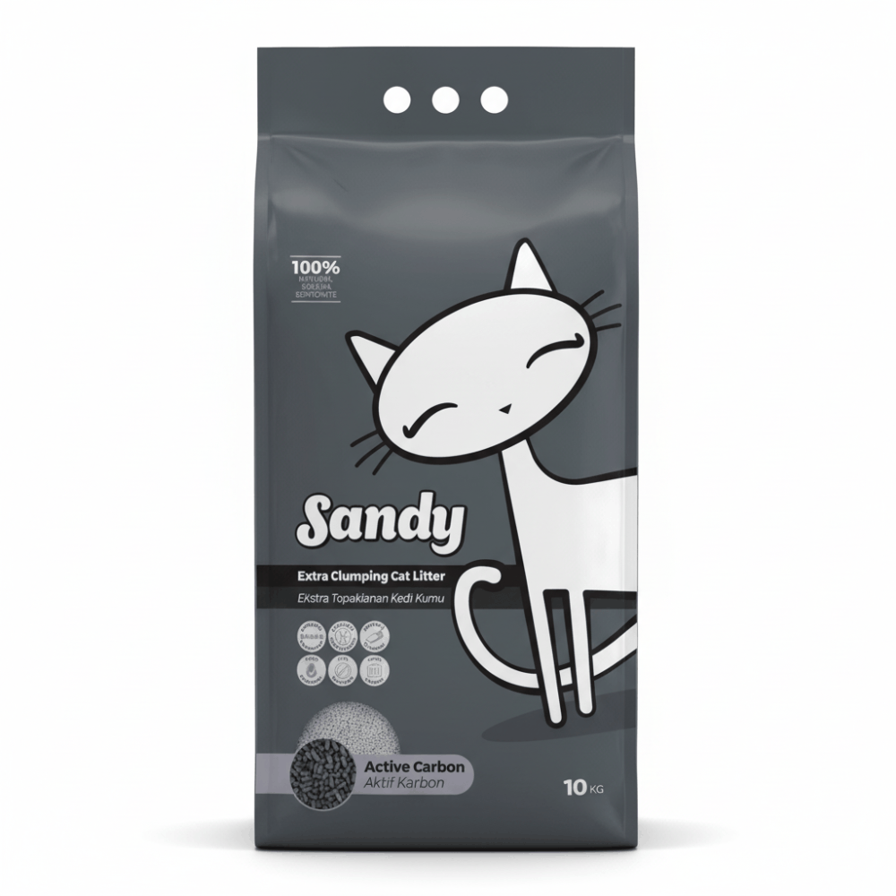Sandy cat litter packaging with a cartoon cat on a gray background