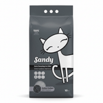 Sandy cat litter packaging with a cartoon cat on a gray background