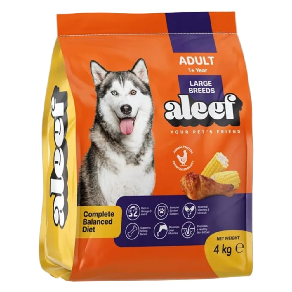 Package of aleef dog food for large breeds on a white background