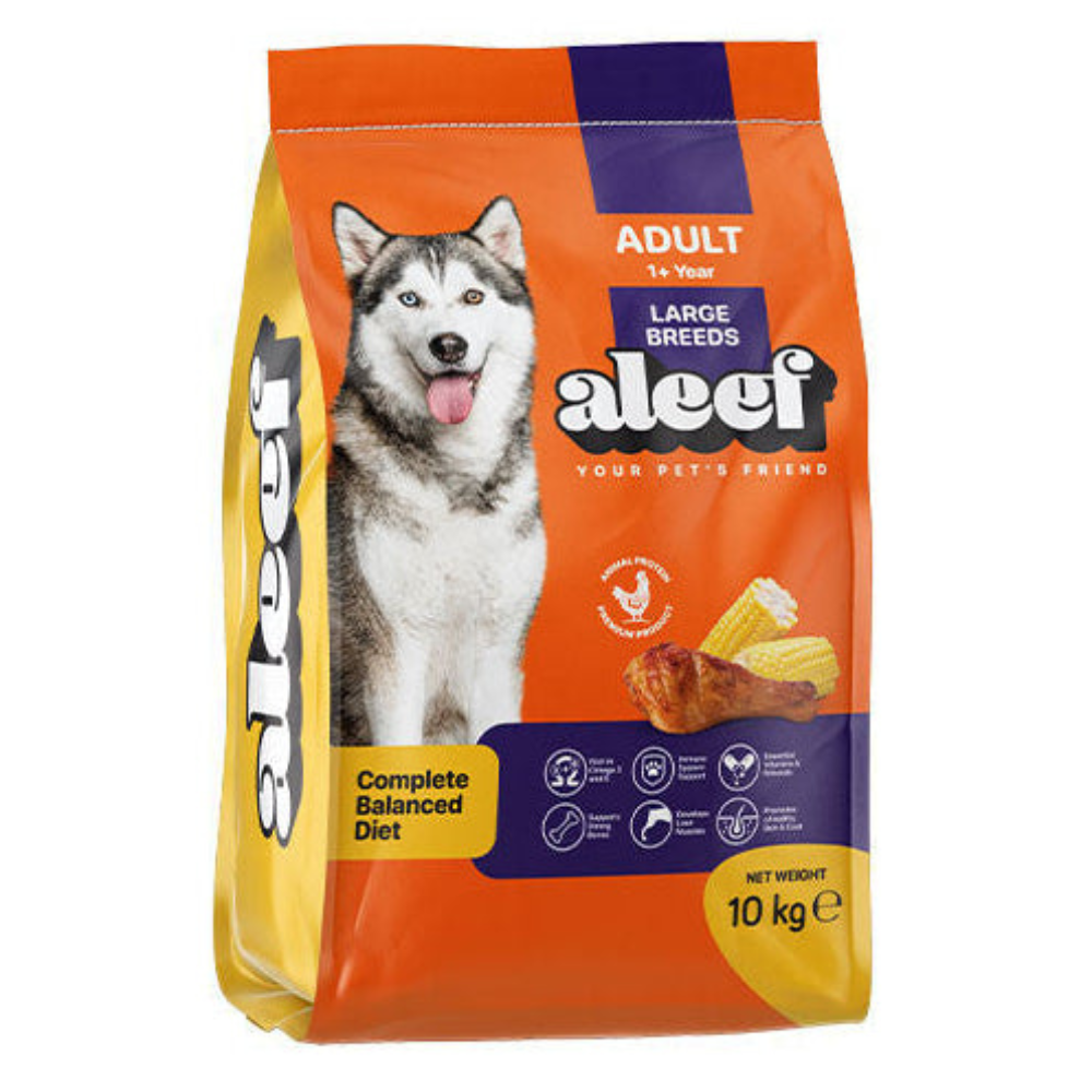 Bag of aleef dog food for large breeds on a white background
