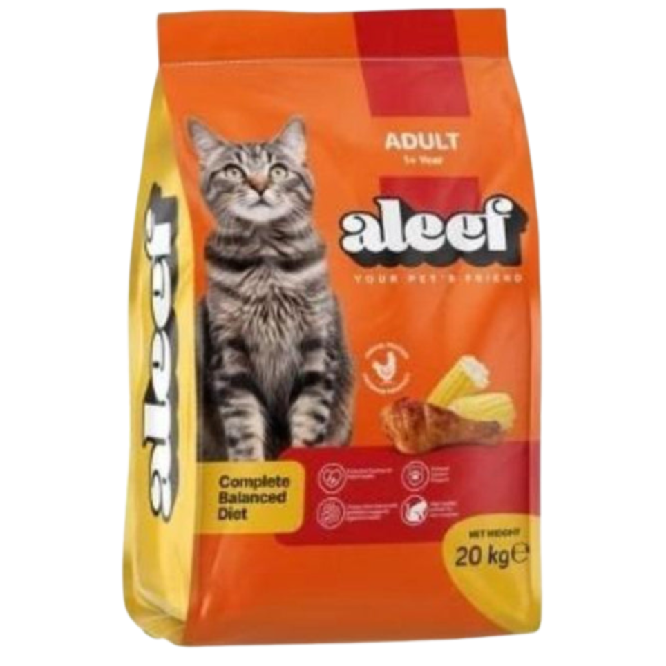Bag of Aleef adult cat food with a cat on the packaging