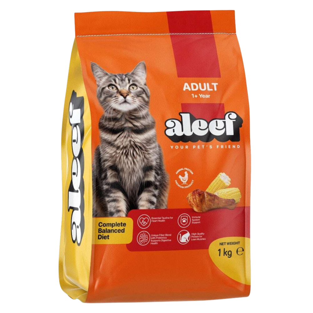 Aloof cat food package with a cat on an orange and yellow background