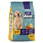 A package of Alevi puppy food for large breeds on a white background