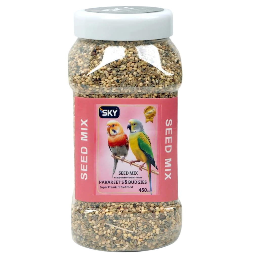 Jar of bird seed mix with a pink label featuring parakeets on a white background