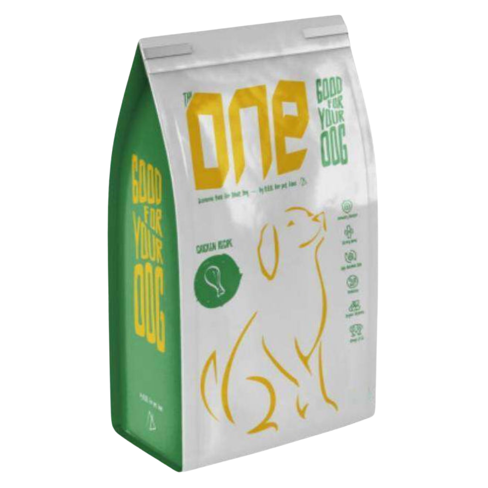 Dog food package with 'ONE' branding on a white background
