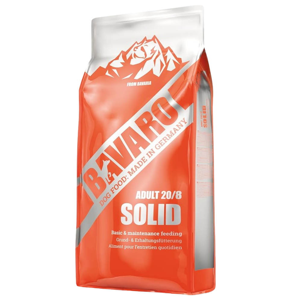Orange bag of Bavaro dog food with white text on a white background