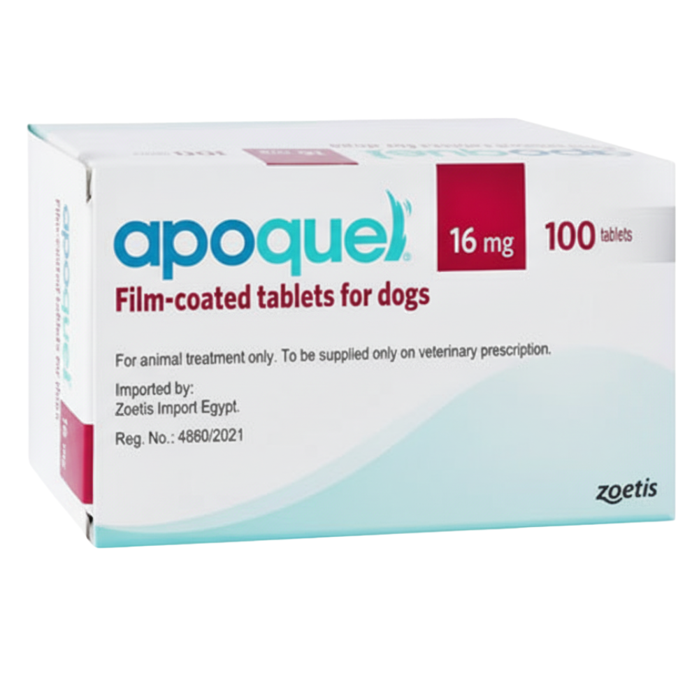 Box of Apoquel film-coated tablets for dogs with 16 mg and 100 tablets on a white background.