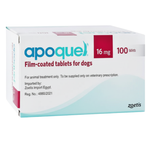 Box of Apoquel film-coated tablets for dogs with 16 mg and 100 tablets on a white background.